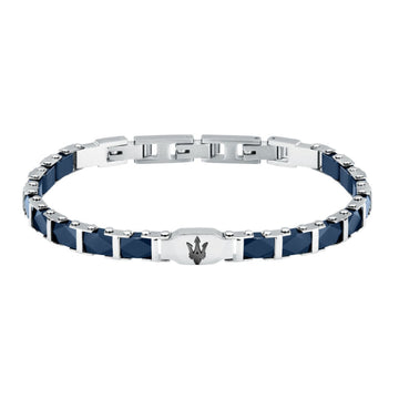 Ανδρικό βραχιόλι Maserati JM424ATZ45 από ανοξείδωτο ατσάλι και κεραμικό, με ασημί-μπλε χρώμα και μαύρη τρίαινα.